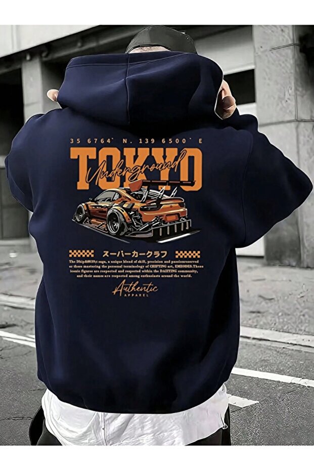 Unisex Tokyo Printed 3 İp Ş Fleece-Lined K Hooded Navy Blue Thick Sweatshirt