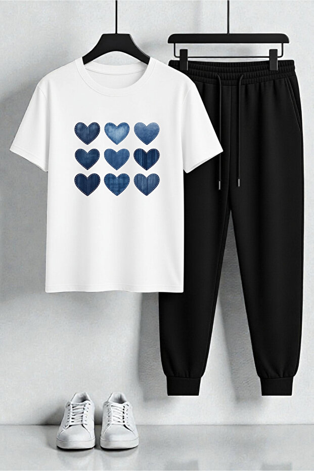 Unisex Jean Patterned Heart Design Printed T-Shirt - 2-Piece Tracksuit Set