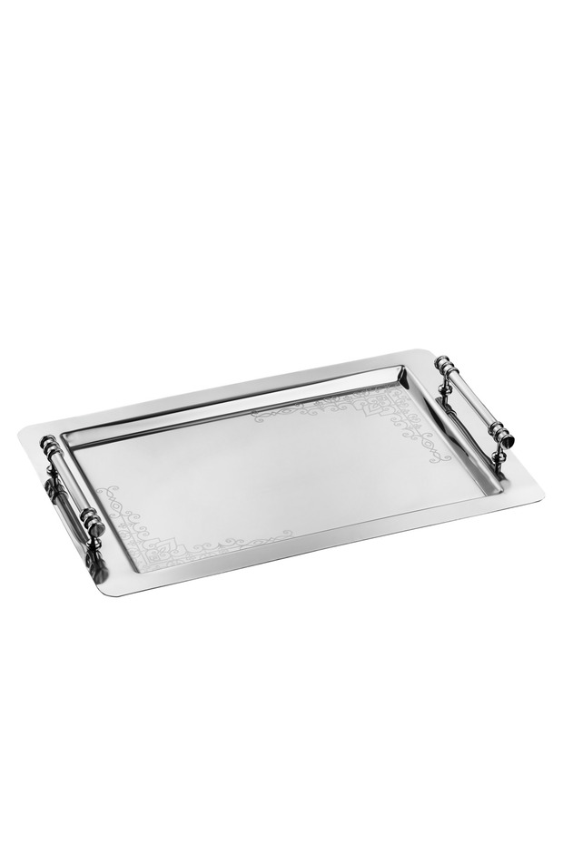 Lara Patterned Stainless Steel Tea Tray 29X45 cm – 0.80 mm Platinum with Handles, Stylish Satin Presentation