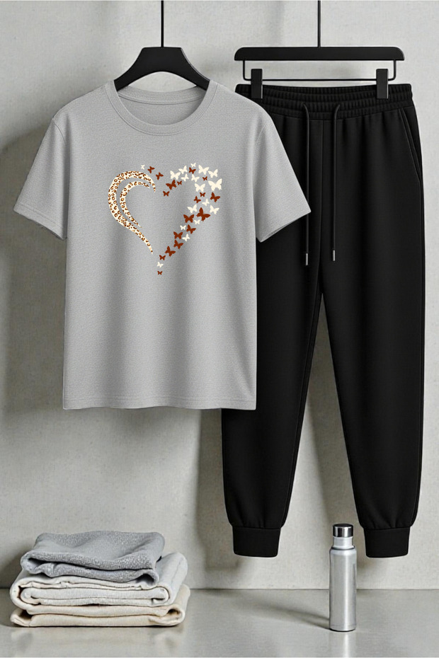 Unisex Leopard Butterfly Heart Design Printed T-Shirt - 2-Piece Tracksuit Set