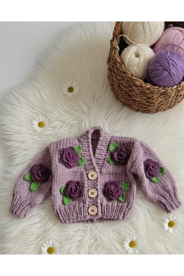 Lily Knitting Rose Detailed Hand-Knitted Children's Cardigan