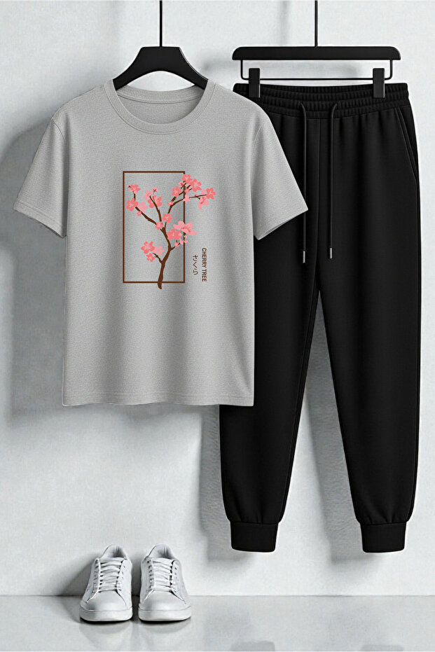 Unisex Cherry Tree Design Printed T-Shirt - 2-Piece Tracksuit Set