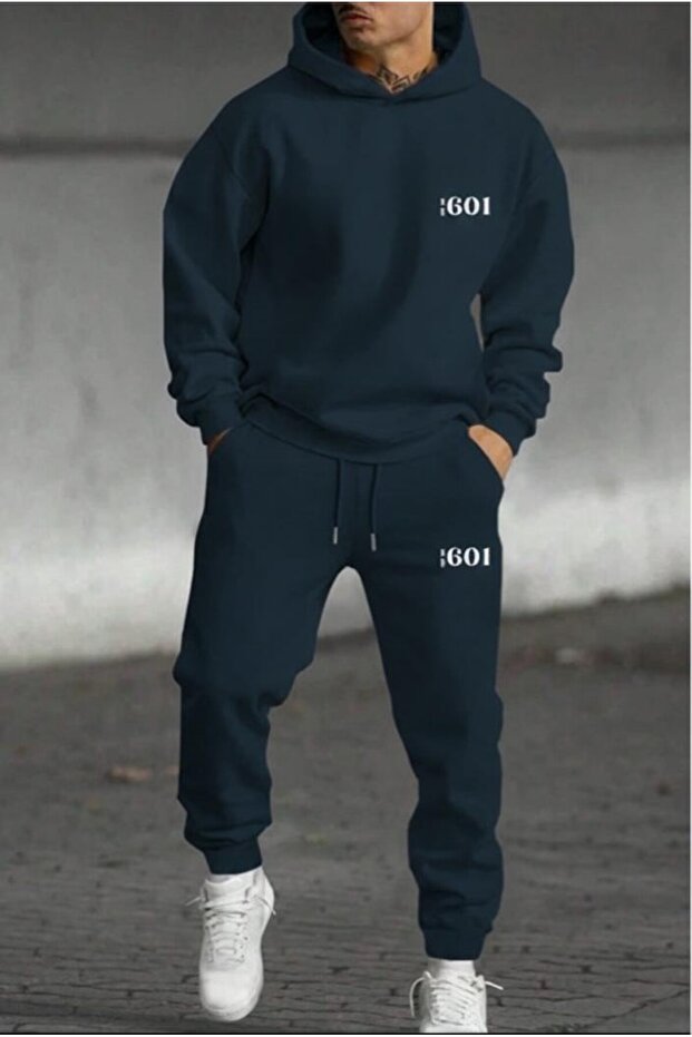 Men's Petrol Blue No 601 Printed Hooded Tracksuit Set