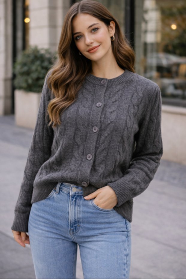 Women's Crew Neck Hair Knit Buttoned Knitwear Cardigan Gray