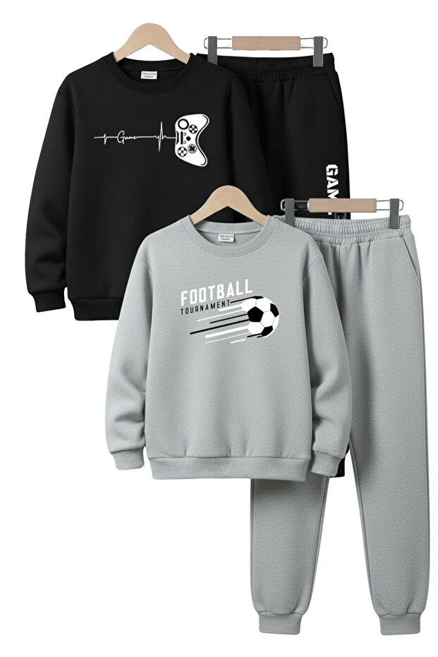 3 Thread Thick Sh Fleece-Lined Crew Neck Print Detailed 4 Piece Boys Tracksuit Set