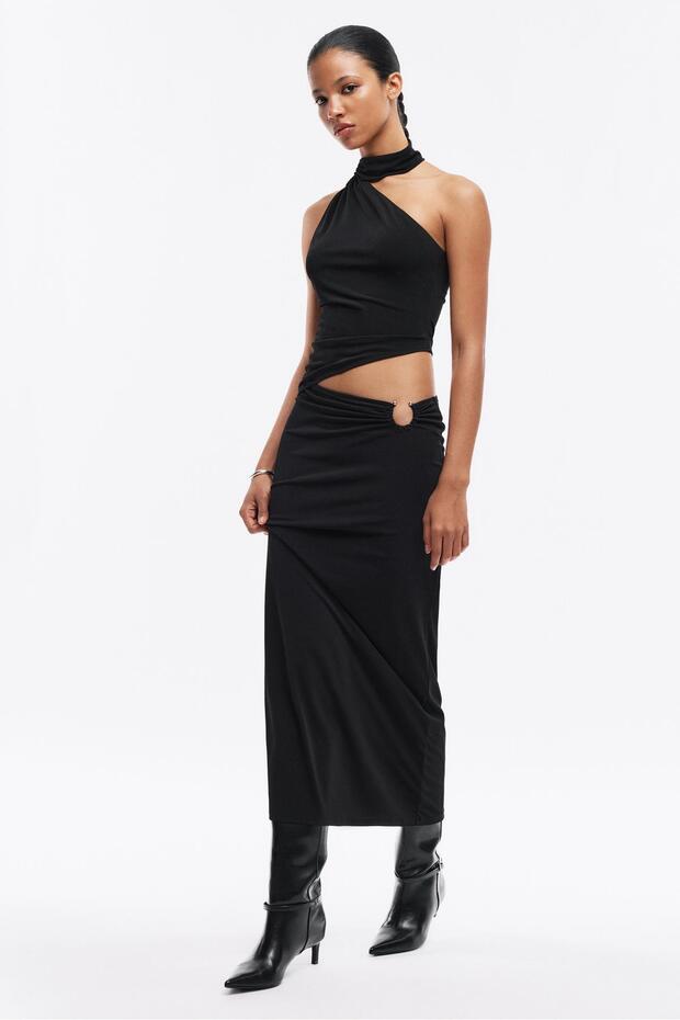 Pencere detaylı midi elbise - 1