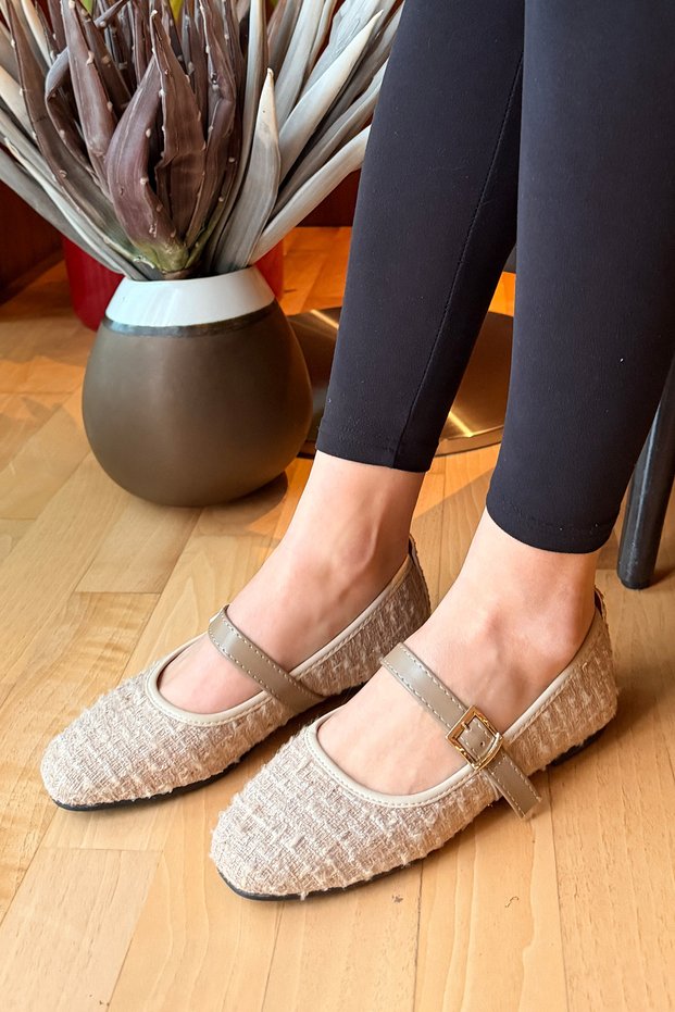 Women's Tweed Fabric Casual Shoes Stylish Buckle Comfortable Sole Casual Ballet Flats