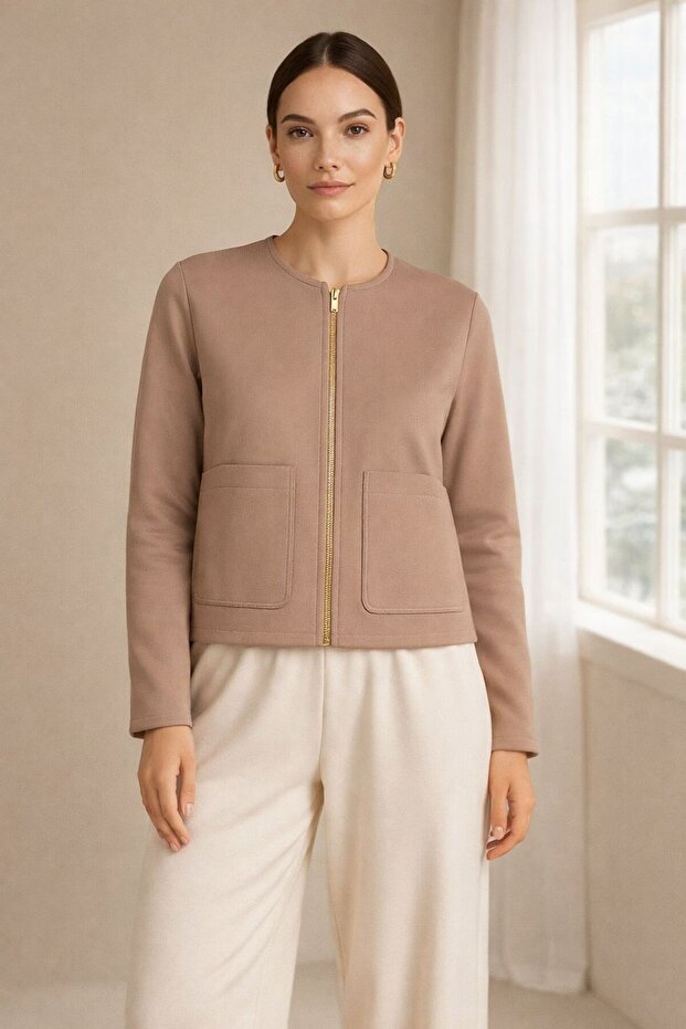 Oversize Basic Ceket Bej Premium Kumaş - 1