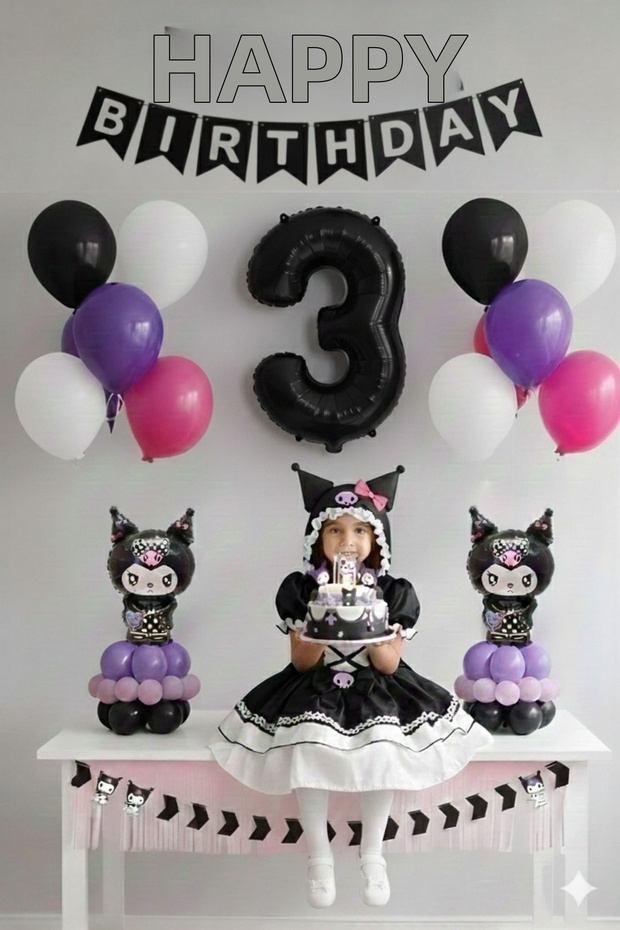 Double Kuromi Birthday Themed Balloon Set 3 Years Old Black Number Balloon Mini Kuromi Tabletop Balloon Column