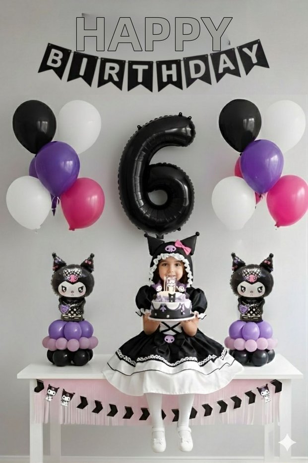 Double Kuromi Birthday Themed Balloon Set 6 Years Old Black Number Balloon Mini Kuromi Table Top Balloon Column