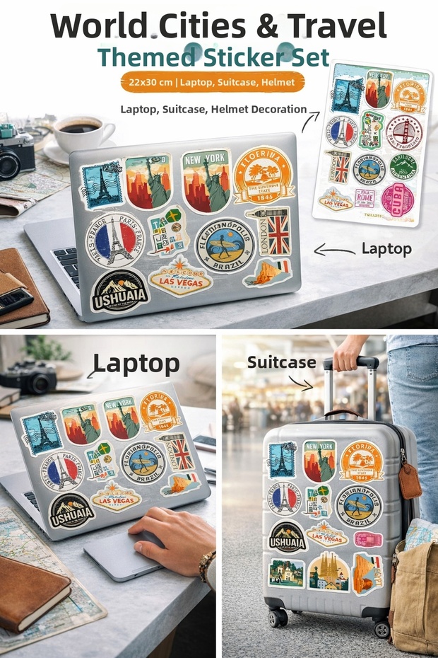 World Cities & Travel Themed Sticker Set – 22X30 cm |   Laptop, Suitcase, Helmet Decoration