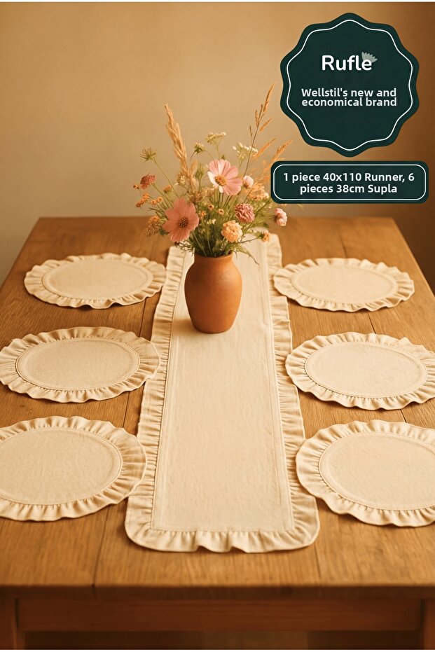 Eco | 7 Piece Tableware Presentation Set - 1 Ruffled Table Runner - 6 Ruffled Placemats American Service