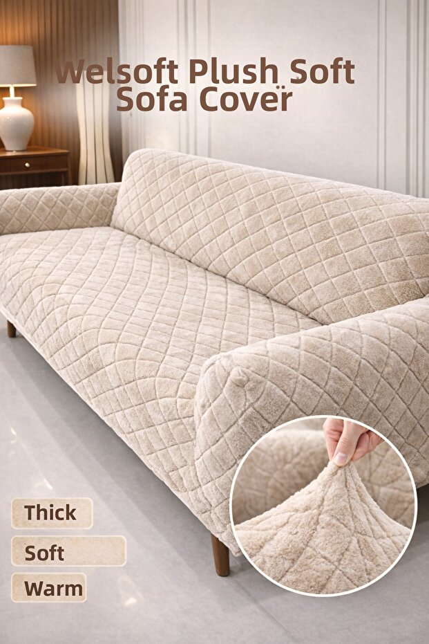 Extra Soft Welsoft Fleece Elastic 3-Seater Sofa Cover Non-Slip Stretchy and Washable Sofa Cover