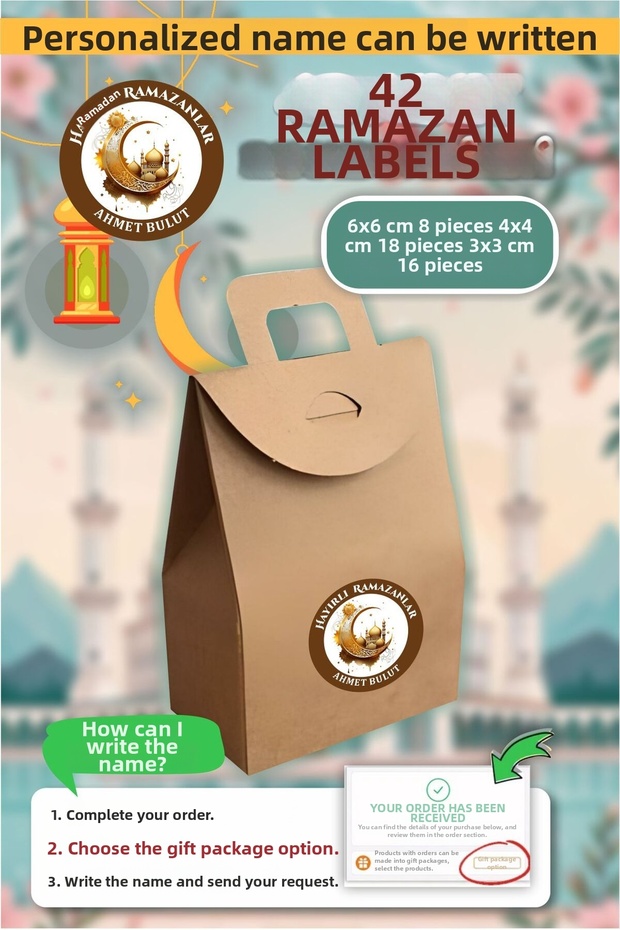 Nameable Auspicious Ramazans 42 Pieces of Stickers, Ramadan Decoration, Gift, Packaging Sticker