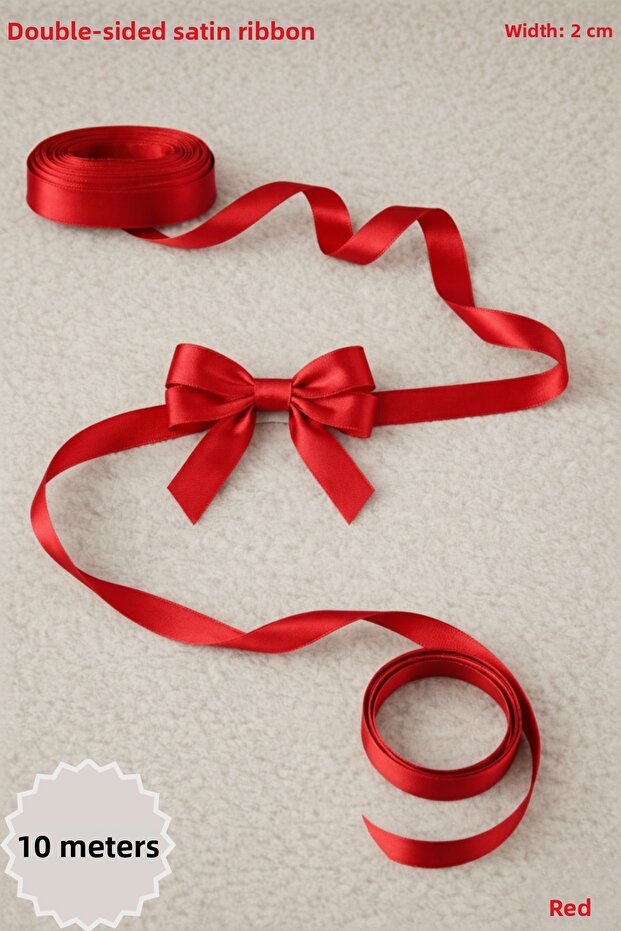 Red Satin Ribbon 2 cm 10m - Bohça, Nikah, Nişan, Çeyiz, Hediye, Süsleme, Doğum Günü, Parti