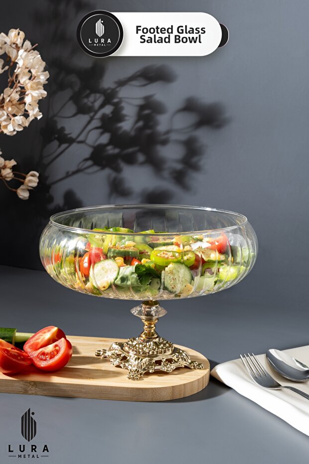 Handmade Gold Glass Salad Bowl with Legs – Large Size – Stylish Presentation and Tableware Decoration