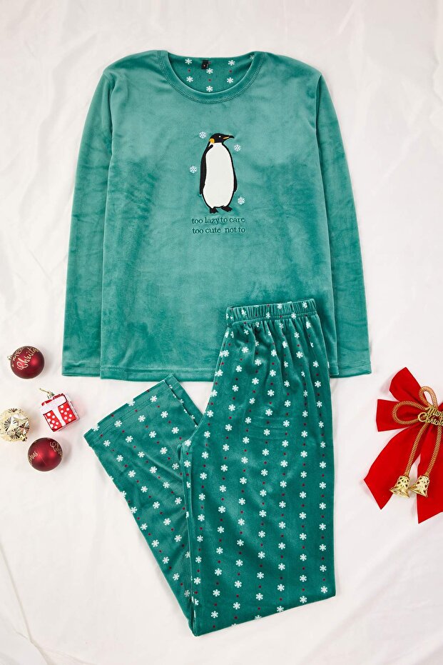 Yeşil Kar Tanesi Desenli Penguen Nakışlı Örme Pijama Takımı THMAW26PT00194 - 5