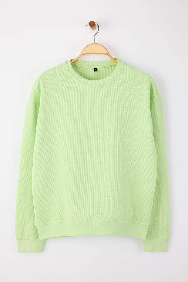 Yeşil Oversize/Geniş Kesim Bisiklet Yaka Şardonsuz Sweatshirt TMNAW25SW00194 - 1