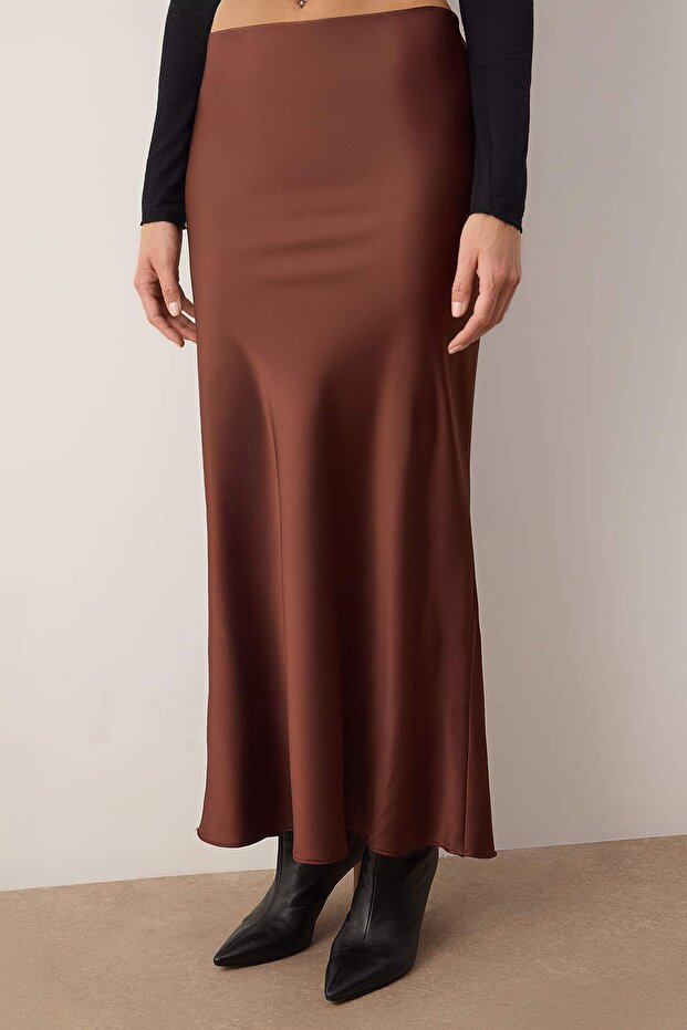 Dark Brown Fish Cut Satin Maxi Length Woven Skirt Twoaw24Et00358 - 3
