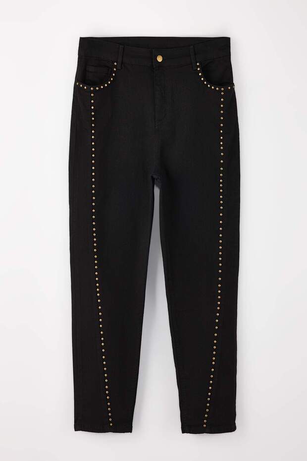 Solmayan Siyah Yüksek Bel Trok Detaylı Esnek Büyük Beden Mom Jeans TBBAW26CJ00057 - 5