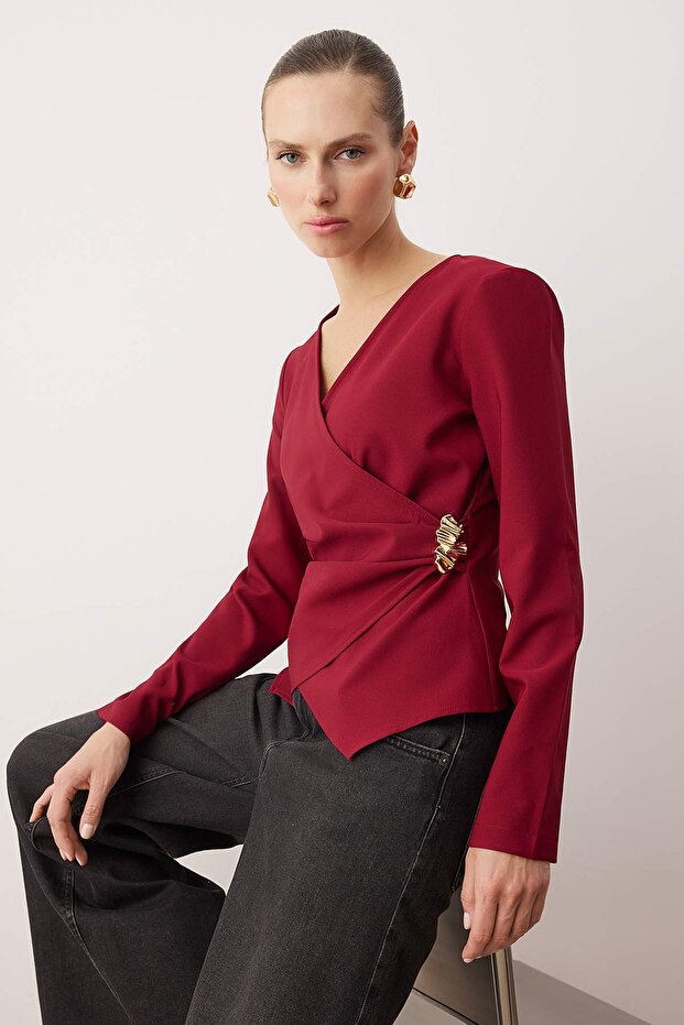 Bordo Kruvaze Toka Detaylı Dokuma Bluz TWOAW26BZ00142 - 2