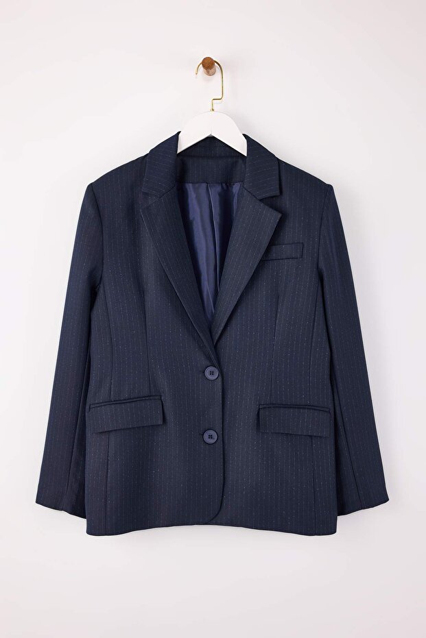 Lacivert Kendinden Çizgili Regular/Normal Kalıp Dokuma Astarlı Vatkalı Blazer Ceket TWOSS26BC00003 - 7