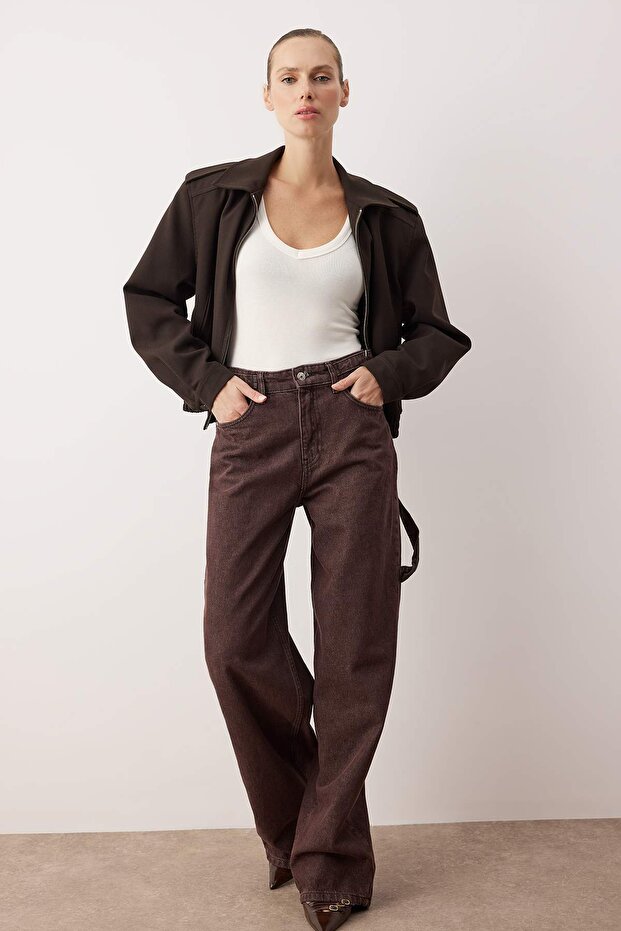 Kahverengi*001 Yüksek Bel Bol Kesim Loose Baggy Jeans TWOAW24JE00308 - 1