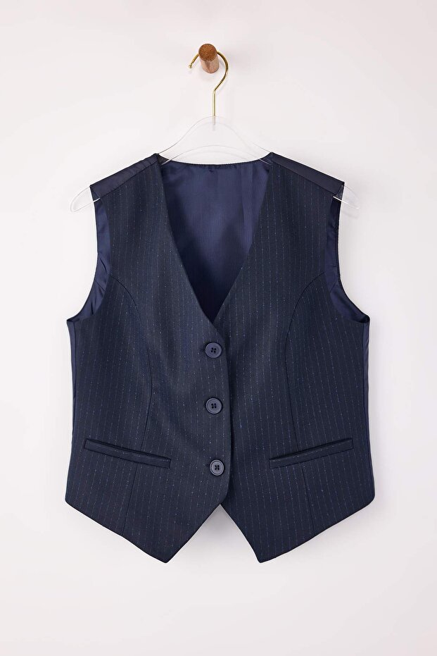 Lacivert Fitted Kendinden Çizgili Dokuma Yelek TWOSS26YE00007 - 1