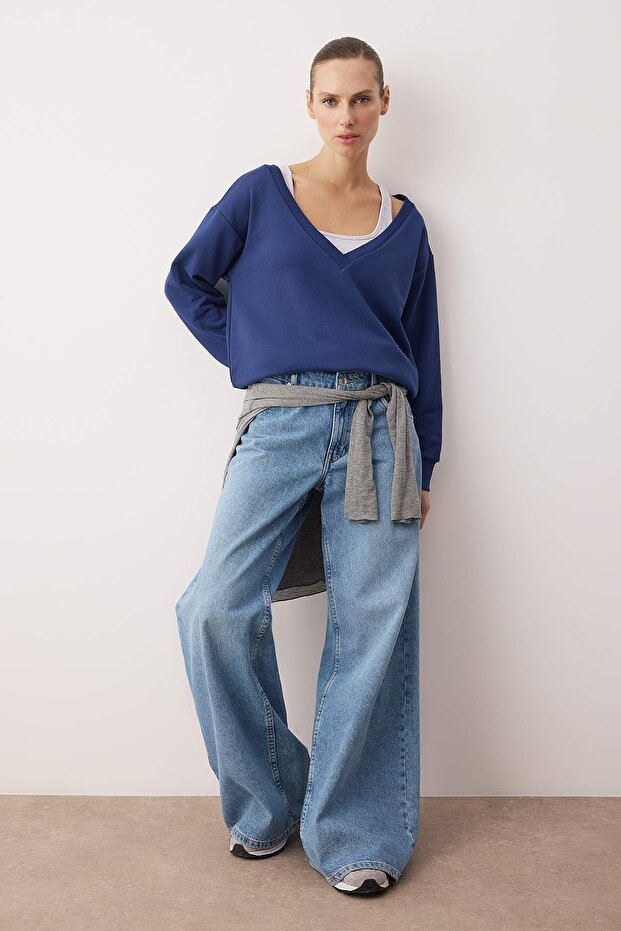 Teen Lacivert 2'li Düşük Omuzlu Örme Sweatshirt TWOAW26SW00149 - 2