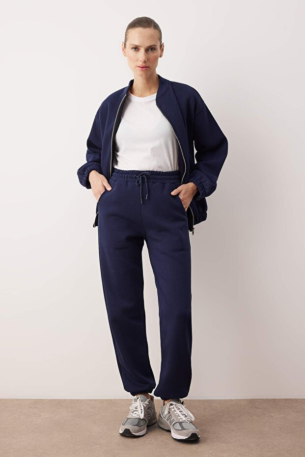 Navy Blue 3-Piece Cotton T-Shirt Sweatpants and Mock Neck Zippered Sweat Sweatpants Set Twoaw26Em00018 - 1