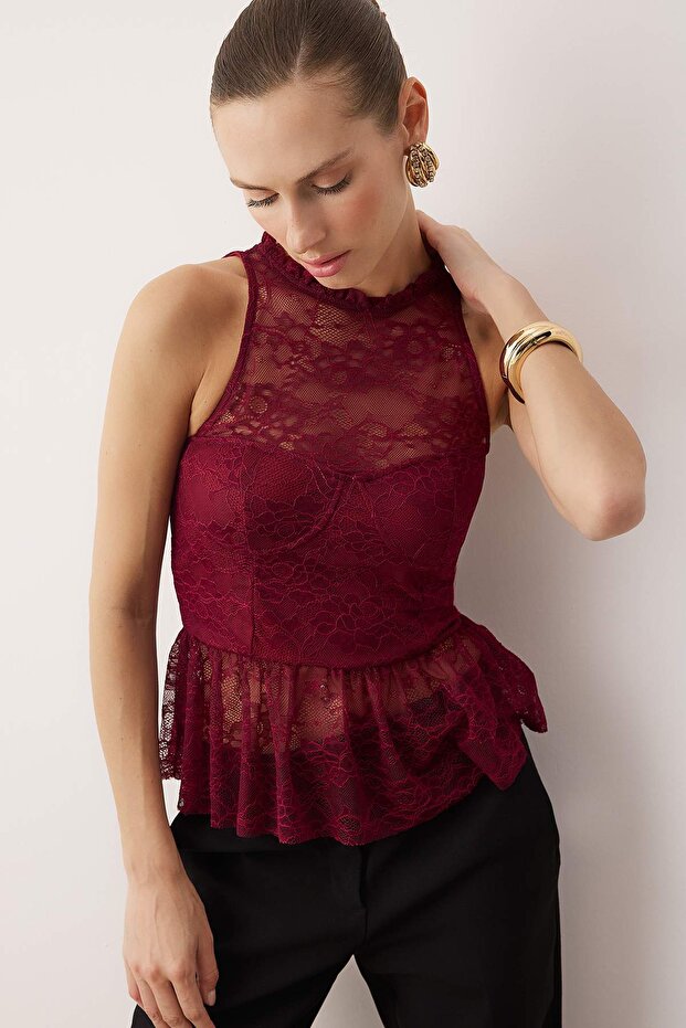 Koyu Bordo Dantel Peplum Detaylı Party Bluz TPRAW26BZ00008 - 4