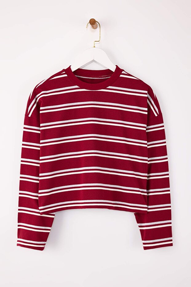 Wardrobe Essentials-Bordo Çizgili Relaxed/Rahat Kalıp Örme T-Shirt TWOSS26TS00019 - 5