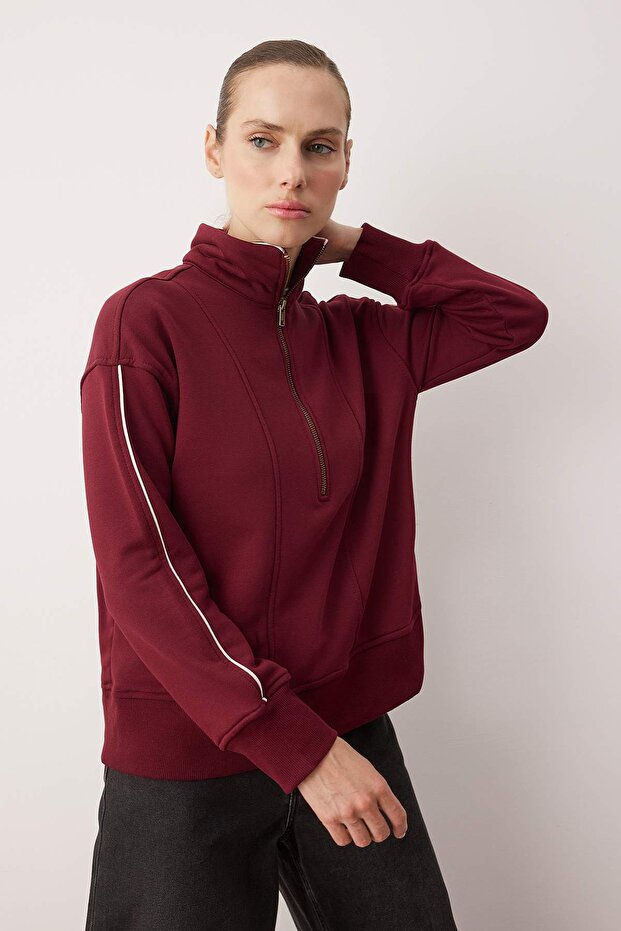Bordo Fermuarlı Polo Yaka Şerit Detaylı Regular/Normal Kesim Örme Sweatshirt TWOAW26SW00034 - 2