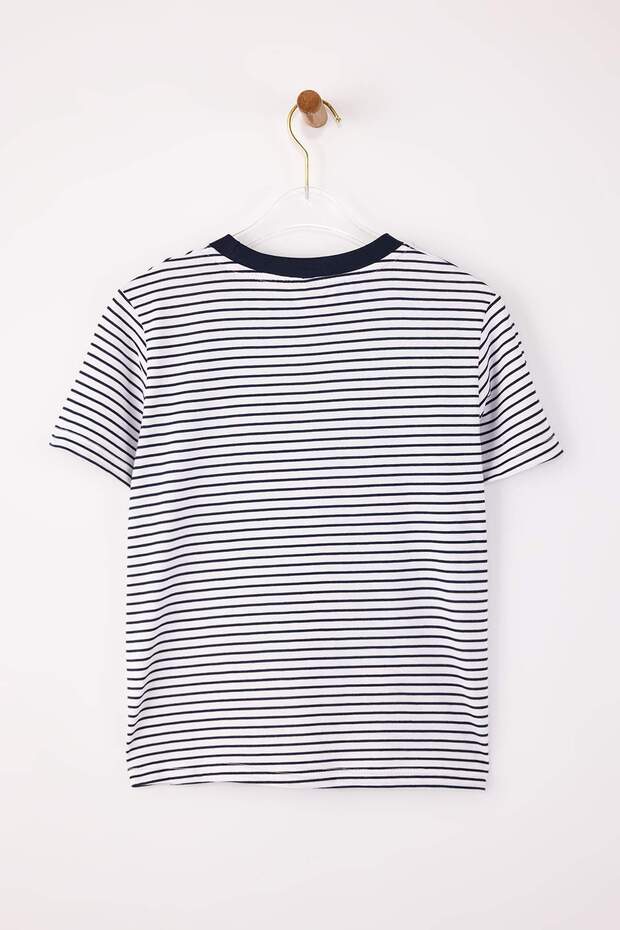 Lacivert Çizgili Regular/Normal Kalıp Nakışlı Tok %100 Pamuk Örme T-Shirt TWOSS26TS00017 - 6