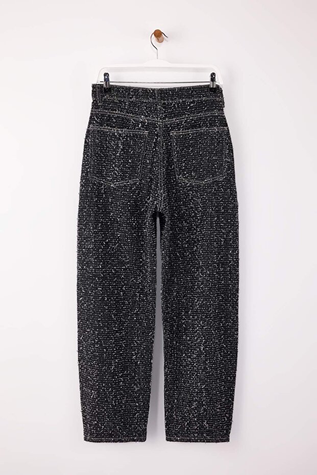 Siyah Dokulu Kumaş Yüksek Bel %100 Pamuk Barrel Jeans TWOSS26JE00057 - 7