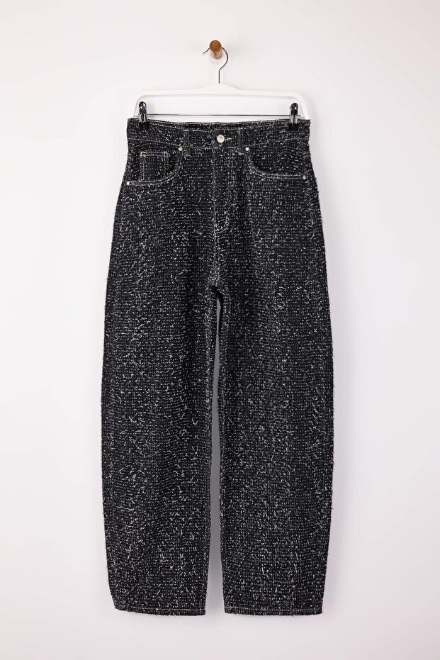 Siyah Dokulu Kumaş Yüksek Bel %100 Pamuk Barrel Jeans TWOSS26JE00057 - 5