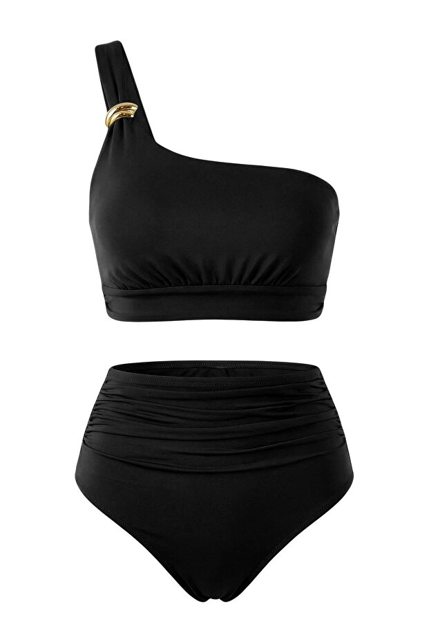 Siyah Tek Omuz Aksesuar Detaylı Kaplı Süper Yüksek Bel Regular Bikini Takımı TBESS26BT00012 - 5