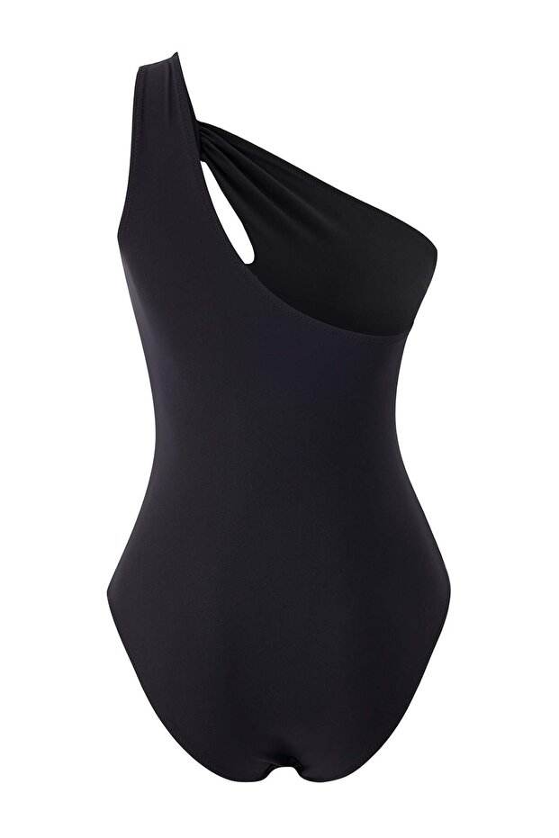Siyah Tek Omuz Cut Out Detaylı Kaplı Regular Mayo TBESS26MA00004 - 6
