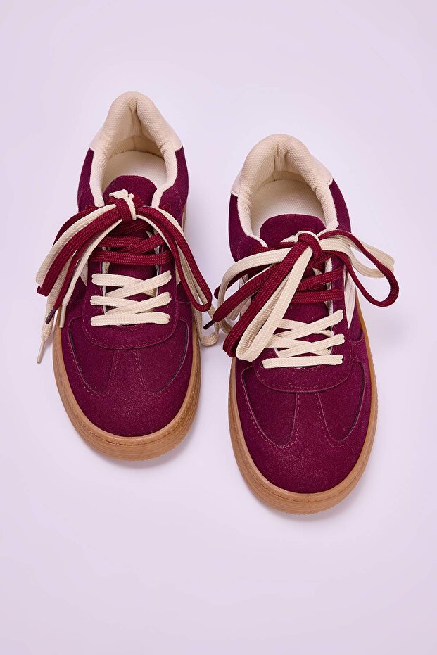 Bordo İki Bağcıklı Çift Kullanımlı Kadın Retro Spor Ayakkabı TAKSS25SN00009 - 2