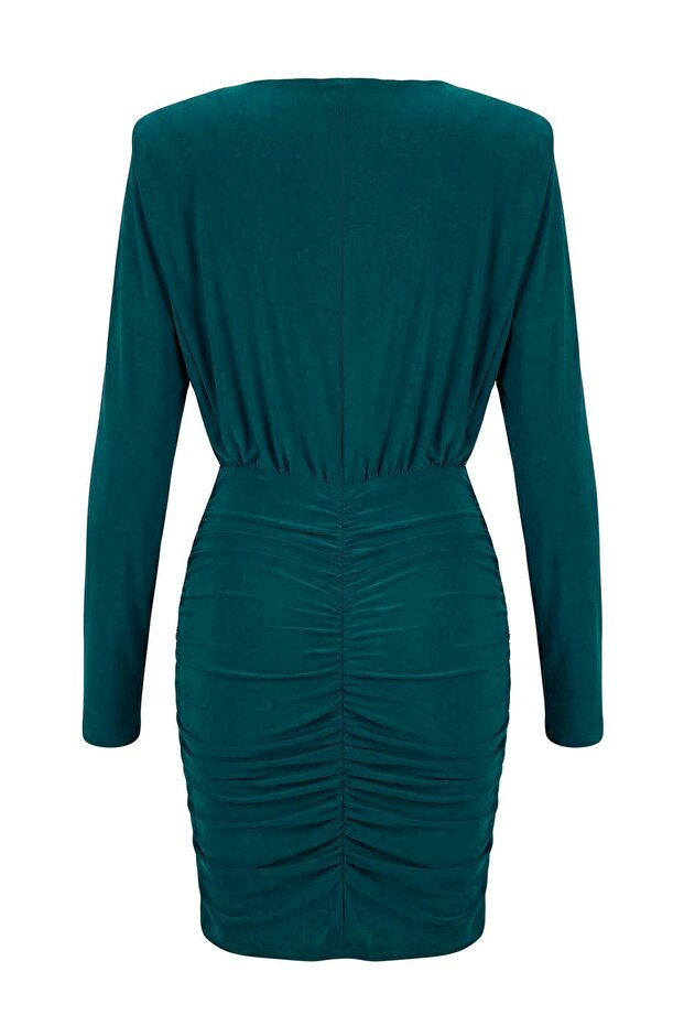 Emerald Green Plain Shoulder Pad Piece Short / Mini Knitted Dress Twoaw24El00821 - 2