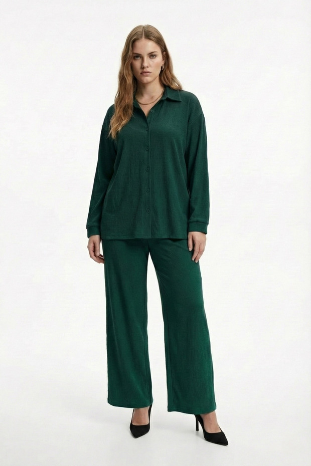 Crinkle Fabric Shirt Collar Buttoned Top and Bottom Set Suitable for Modest Wear 2XL 6XL