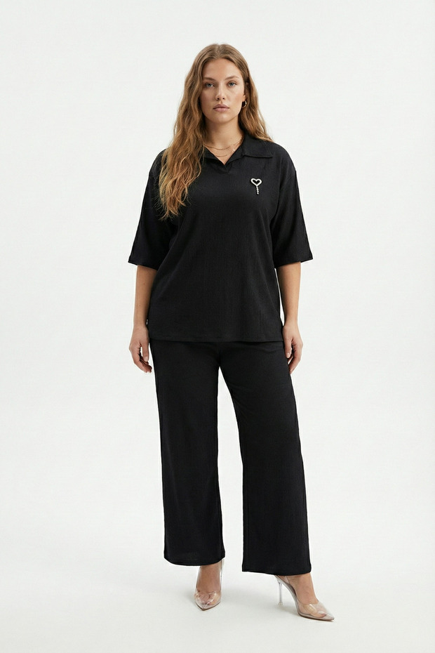 Casual Patch Shirt Collar Wide Trousers Suit with Brooch Accessories