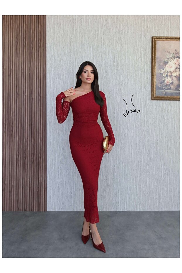 Tek Omuz Dantelli Elbise - 1