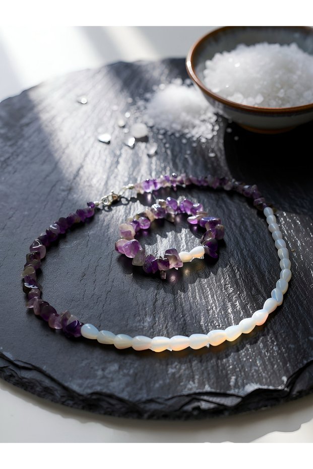 Pearl and Amethyst Women's Jewelry Set | Handmade Necklace & Bracelet | Elegant, Stylish and Natural |