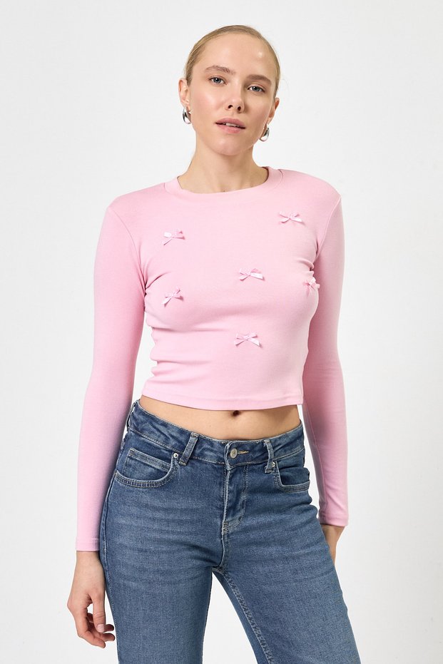 Pink Crew Neck Ribbon Applique Detailed Women's Crop Body 8264A