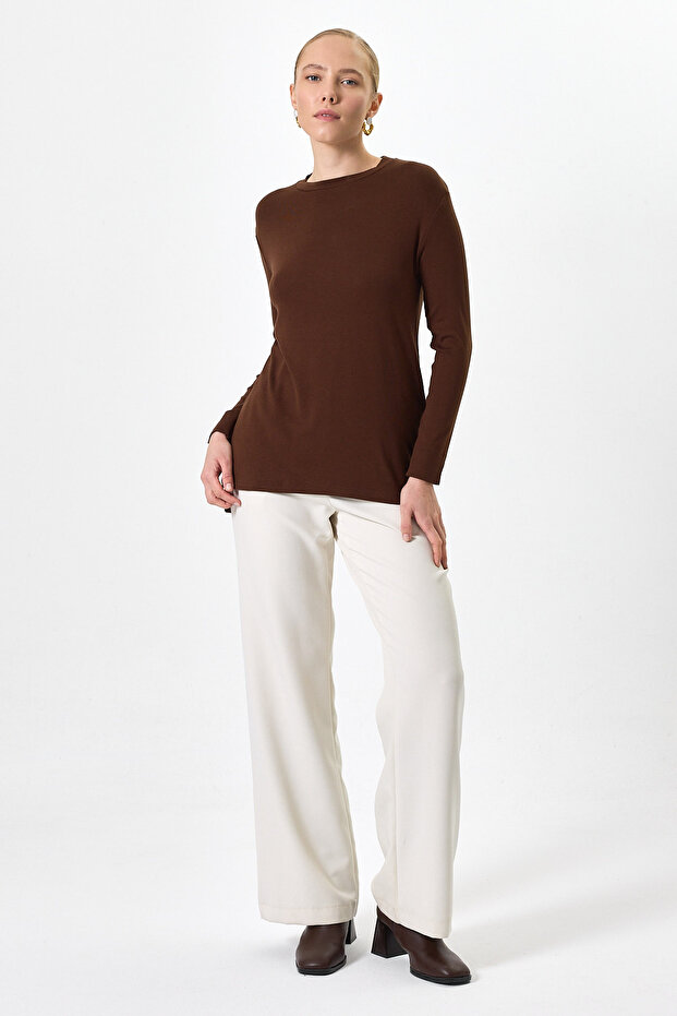 قميص بني برقبة دائرية شق تونيك 8229A - 7