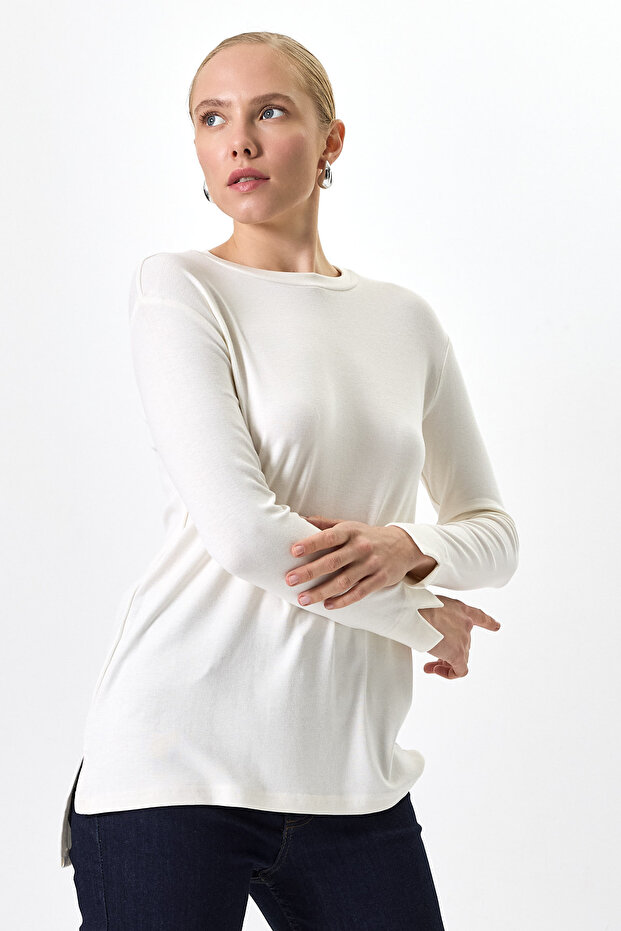 Ecru Crew Neck Side Slit Tunic 8229A - 6
