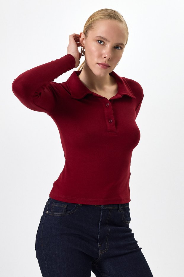 Burgundy Polo Collar Buttoned Long Sleeve Blouse 8222A