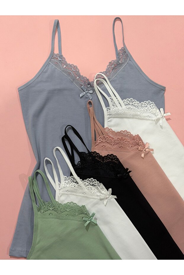 Women's 6-Piece Lace Strap Cotton Tank Top Set – Green /Powder/Blue/Black/White 2