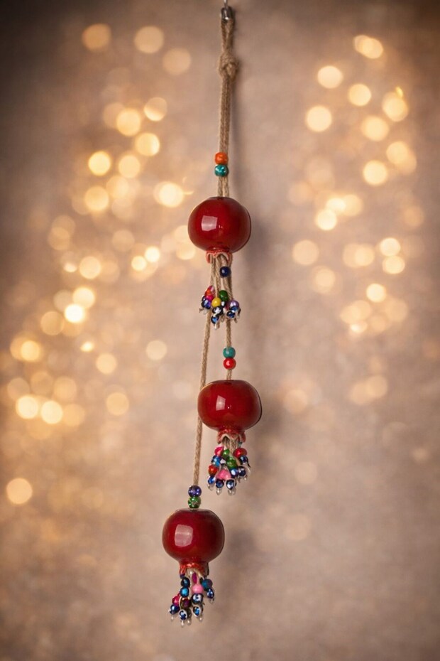 Red Triple Evil Eye Beaded Pomegranate Door and Wall Ornament – Decorative Symbol of Abundance